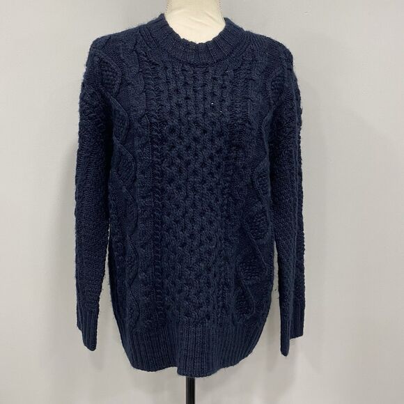 MADEWELL XXS Navy Cable Knit Oversized Crew Neck Sweater Wool Fisherman Heavy - Picture 1 of 15